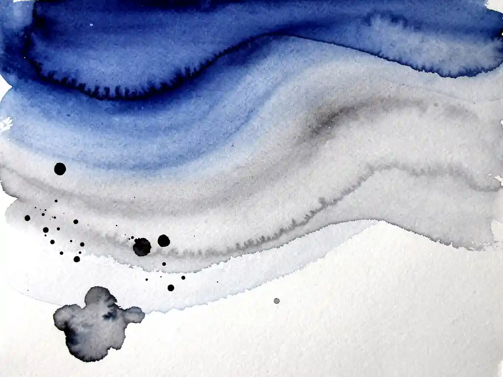 Abstracte aquarel met diepblauwe en grijze kleurvloeisels op getextureerd papier met witte negatieve ruimtes
