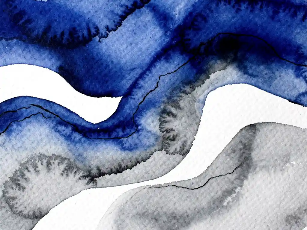 Abstracte aquarel met diepblauwe en grijze kleurovergangen op getextureerd papier met witte ruimtes