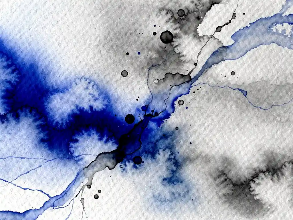 Abstracte aquarel met elektrisch blauwe verf die vloeit in grijze tinten op wit papier, zwarte inktdruppels creëren organische beweging