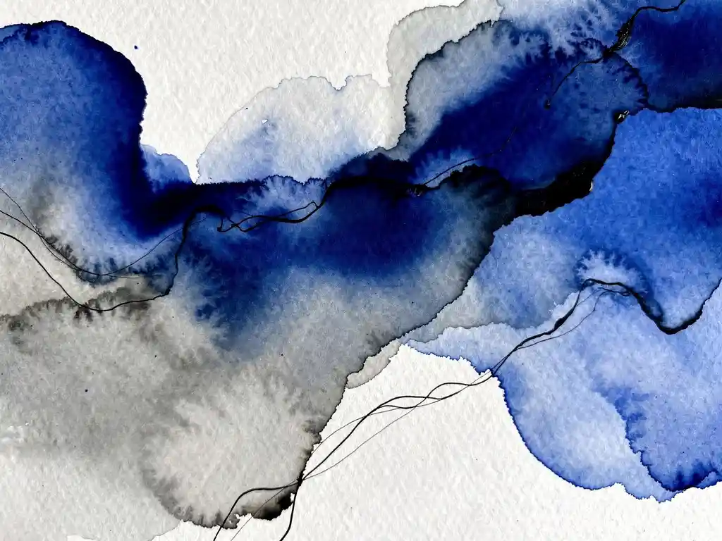 Abstracte aquarel met diepblauwe en grijze tinten die organisch vervloeien op gestructureerd papier