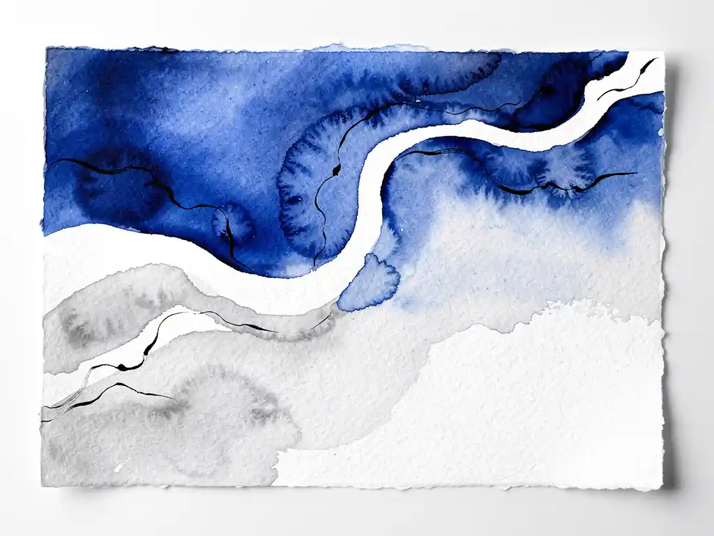 Abstracte aquarel met diepblauwe verf die overvloeit in grijze tinten op wit papier met natuurlijke textuur