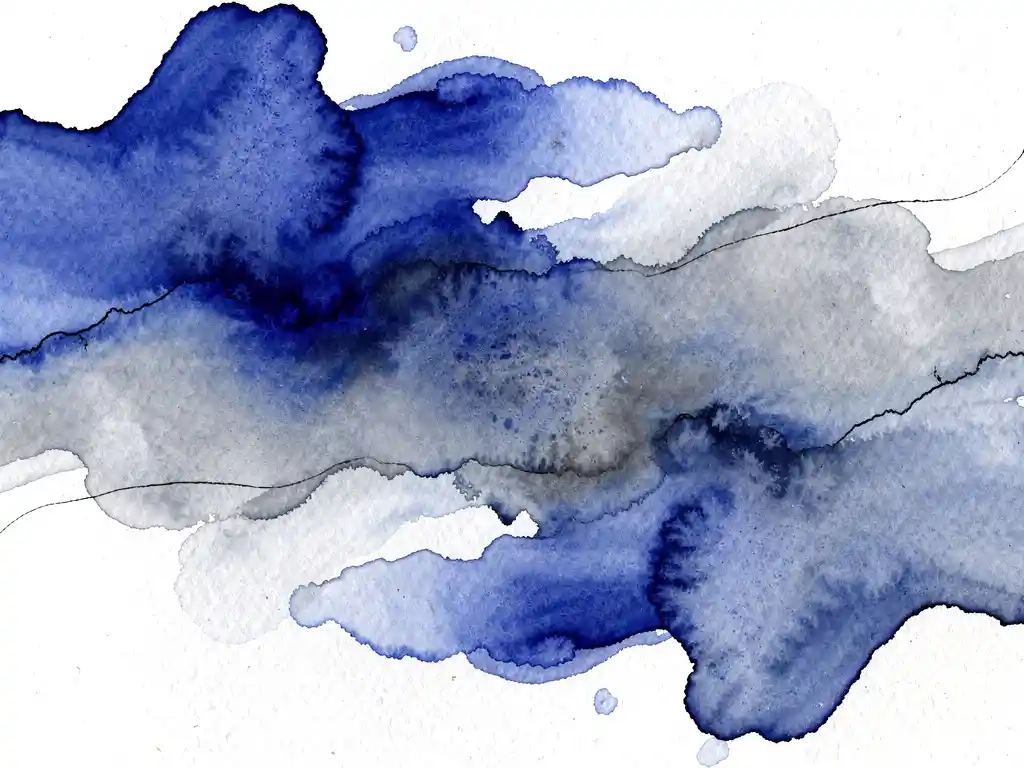 Abstracte aquarel met diepblauwe vloeistoffen die overgaan in grijze tinten op wit papier met zichtbare textuur