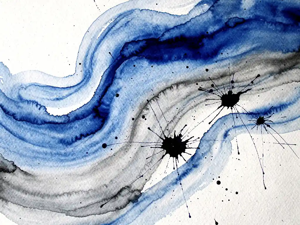 Elektrisch blauwe aquarelverf vloeit in grijze tinten over wit papier met zwarte inktdruppels die dynamische contrasten creëren