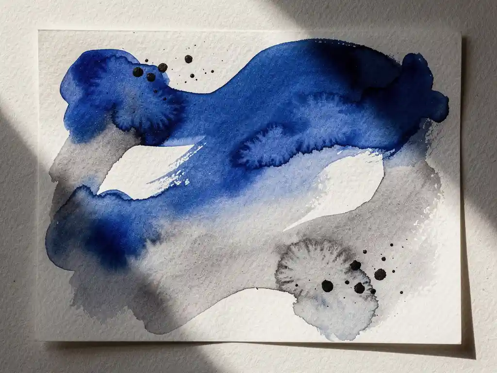 Abstracte aquarel met kobaltblauwe verfstromen die overgaan in grijze tinten op gestructureerd papier met witte negatieve ruimtes