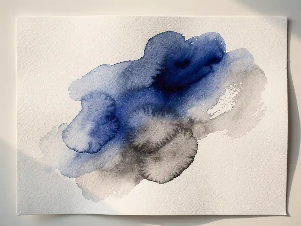 Wit aquarelpapier met vloeiende kobaltblauwe en grijze verfwassen die organisch in elkaar overlopen
