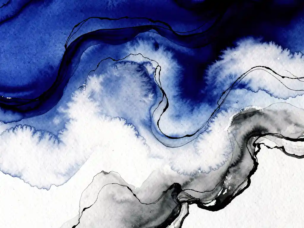 Abstracte aquarel compositie met vloeiende blauwe en grijze tinten die overgaan in witte wolken met zwarte accenten