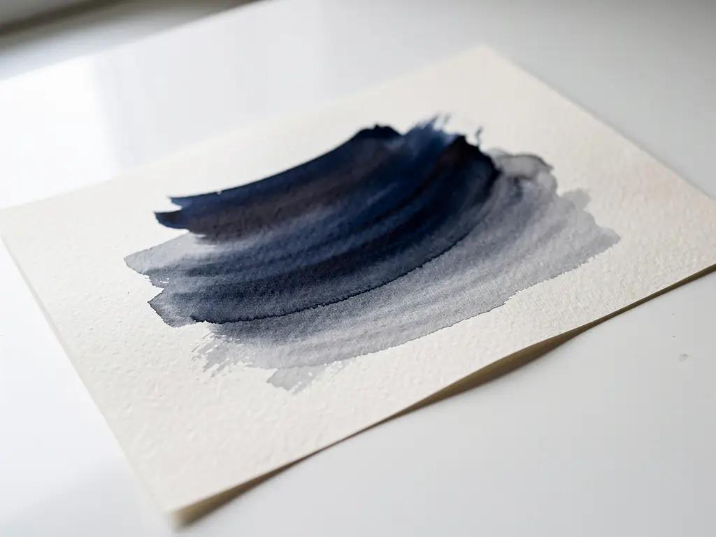 Crèmekleurig aquarelpapier met donkerblauwe en grijze verfwassen op wit bureau, natuurlijk licht van links
