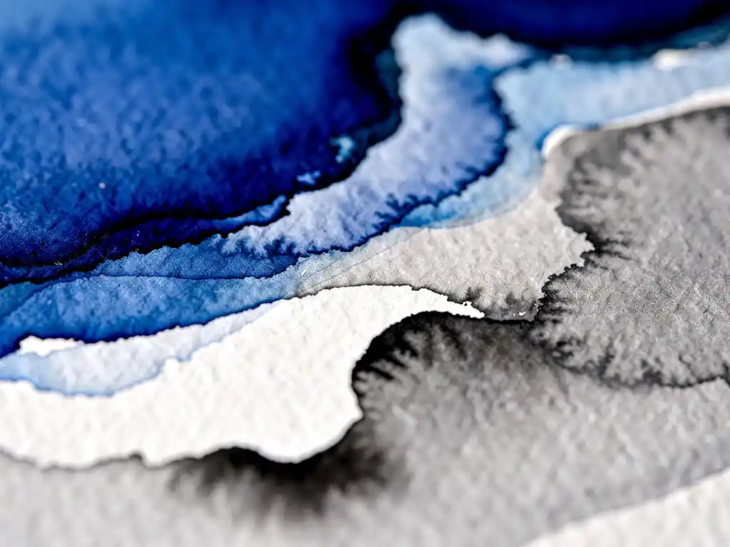 Macro-opname van vloeiende aquarelpigmenten in kobaltblauw en grijs die natuurlijk vermengen op getextureerd aquarelpapier