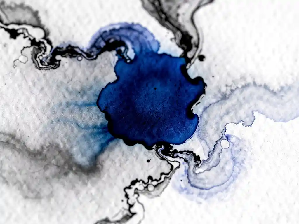 Kobaltblauwe waterverf lost op in water met zwarte inktdruppels die marmerpatronen vormen op wit papier