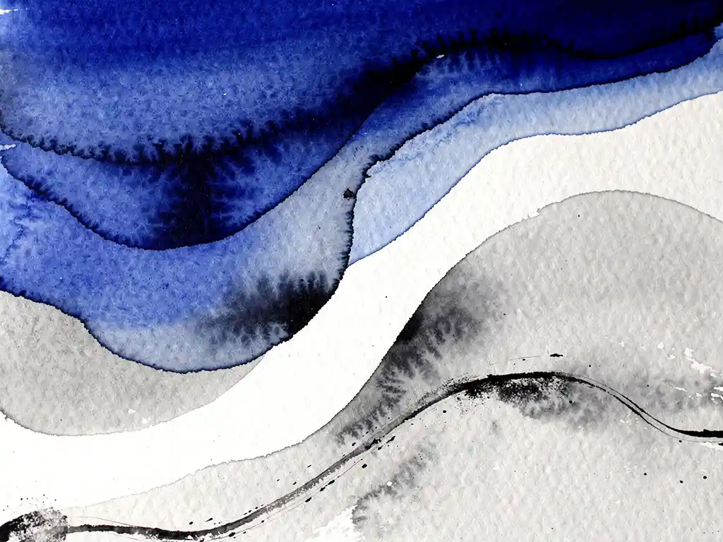 Abstracte aquarel met diepblauwe verfstromen die overgaan in grijze tinten en witte ruimtes op gestructureerd papier