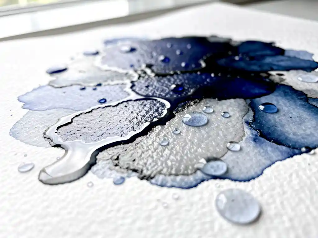 Macro-opname van natte kobaltblauwe aquarelverf die vloeit over wit papier met grijze uitwassingen en textuurdetails