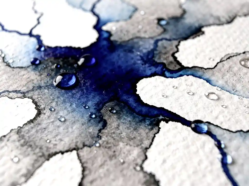 Cobaltblauwe aquarelverf vloeit over getextureerd papier met grijze wassen en zichtbare waterdruppels