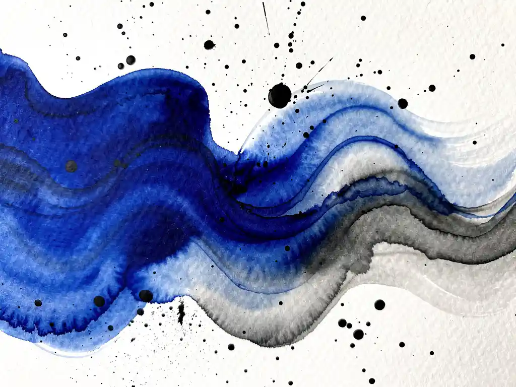 Abstracte aquarel met diepblauwe verfstromen die overvloeien in grijze tinten met zwarte inktdruppels op wit papier