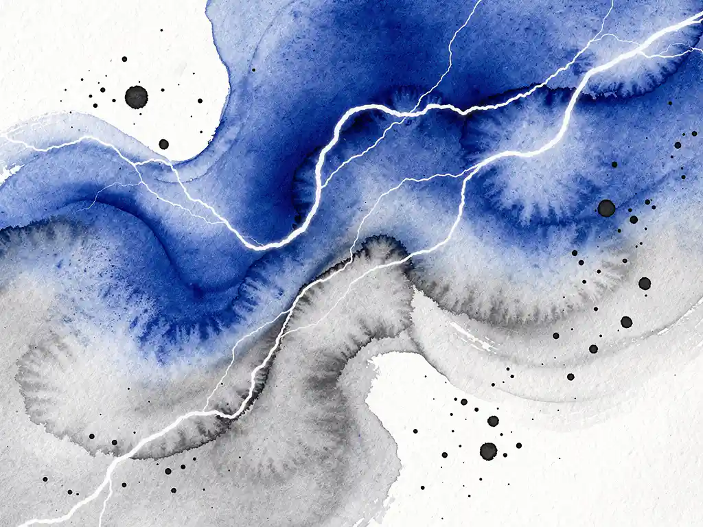 Abstracte aquarel van elektrisch blauwe verfstromen die overvloeien in grijze tinten met witte ruimtes, energiepatronen suggererend
