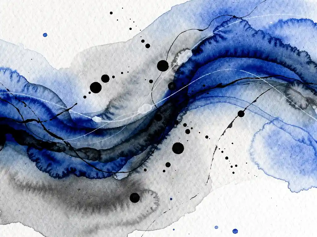 Abstracte aquarel met diepblauwe inktdruppels die vervloeien in grijze tinten op wit papier, organische beweging en energiestroom uitbeeldend