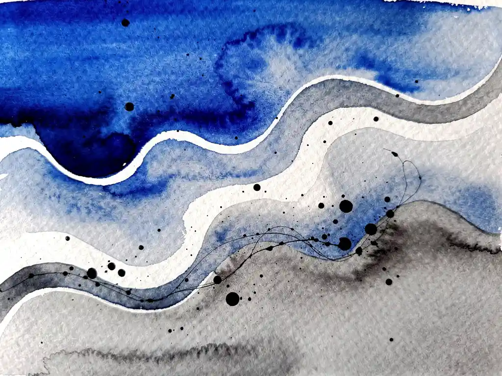 Abstracte aquarel met elektrisch blauwe verfstromen die overvloeien in grijze tinten op getextureerd papier