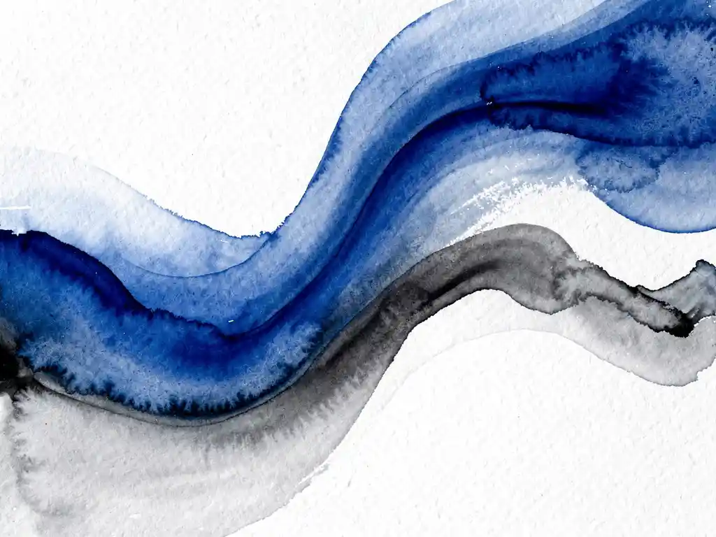 Abstracte aquarel met cobaltblauwe verfstromen die overgaan in grijze tinten op wit papier, suggestief voor marktdynamiek
