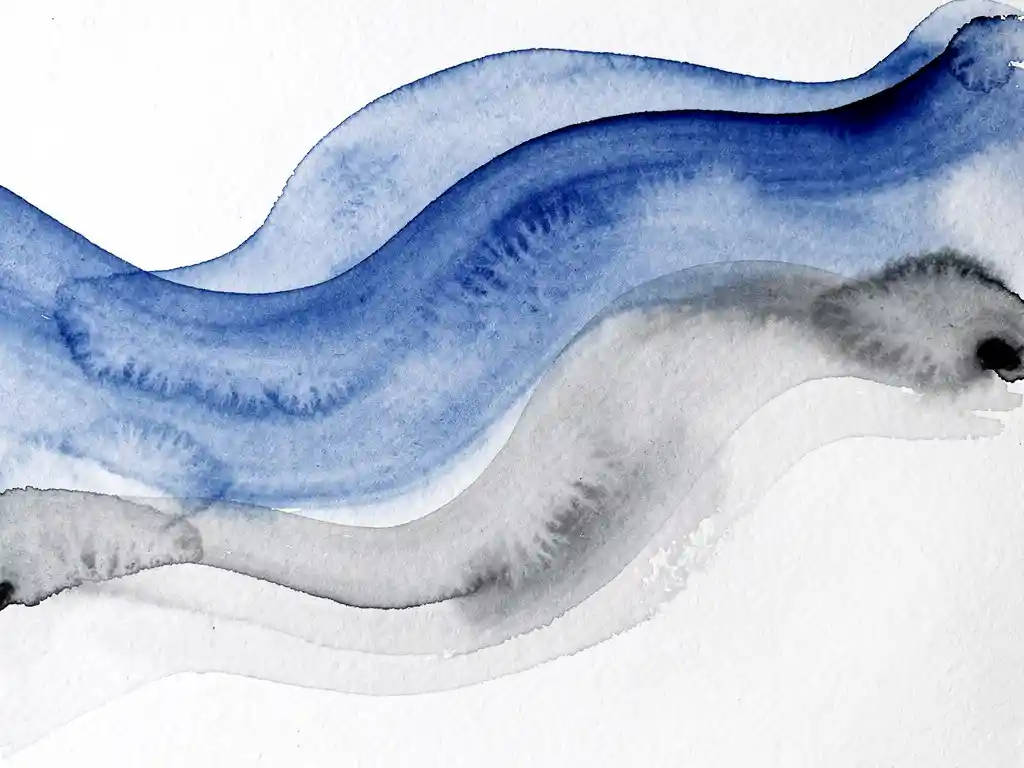 Abstracte aquarelverf in LinkedIn blauw vloeit over wit papier met grijze kleurovergangen en organische bewegingen