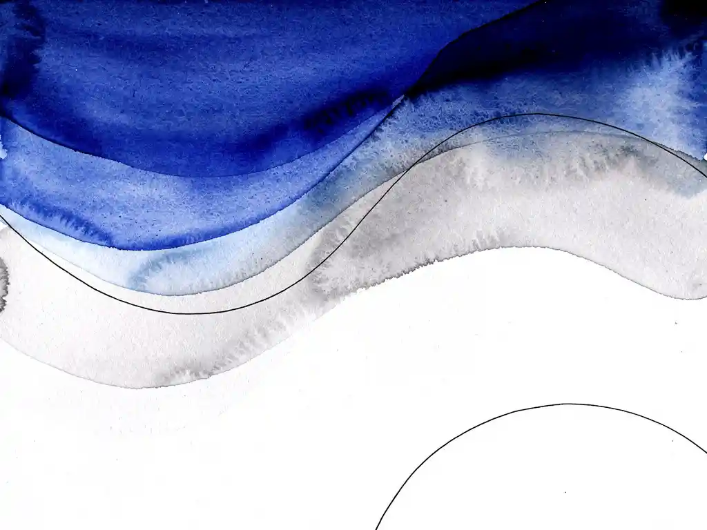 Abstracte aquarel compositie met vloeiende overgangen van diep koningsblauw naar zachte grijstinten en witte ruimte