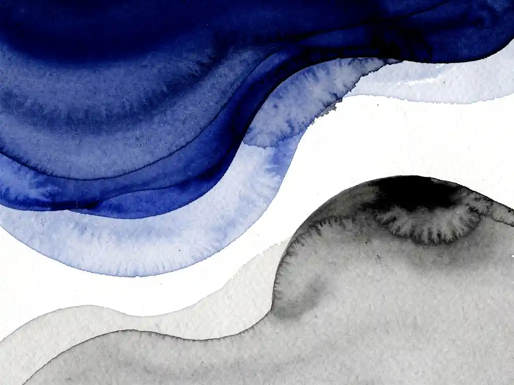 Abstracte aquarel compositie met vloeiende royal blue en grijze kleurovergangen, witte negatieve ruimtes en zwarte accenten