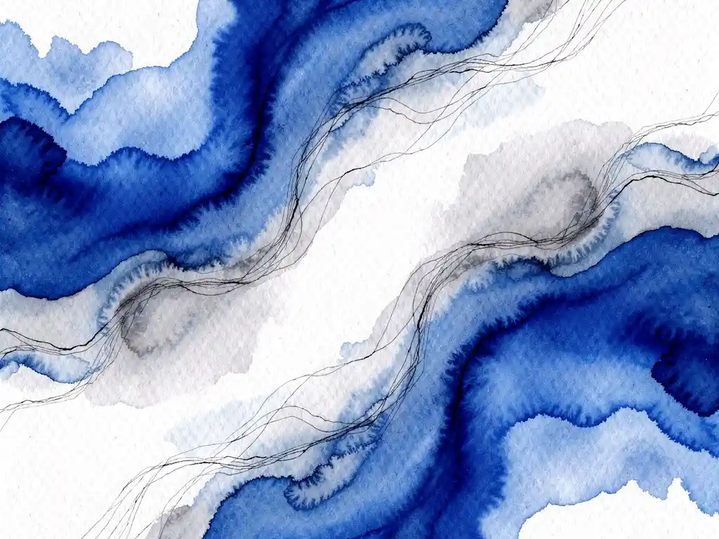Abstract waterverf compositie met elektrisch blauwe en grijze tinten die vloeiend overgaan in witte ruimte