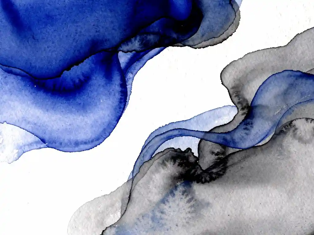 Abstracte aquarel met diepblauwe vloeistoffen die overgaan in grijze tinten op wit papier