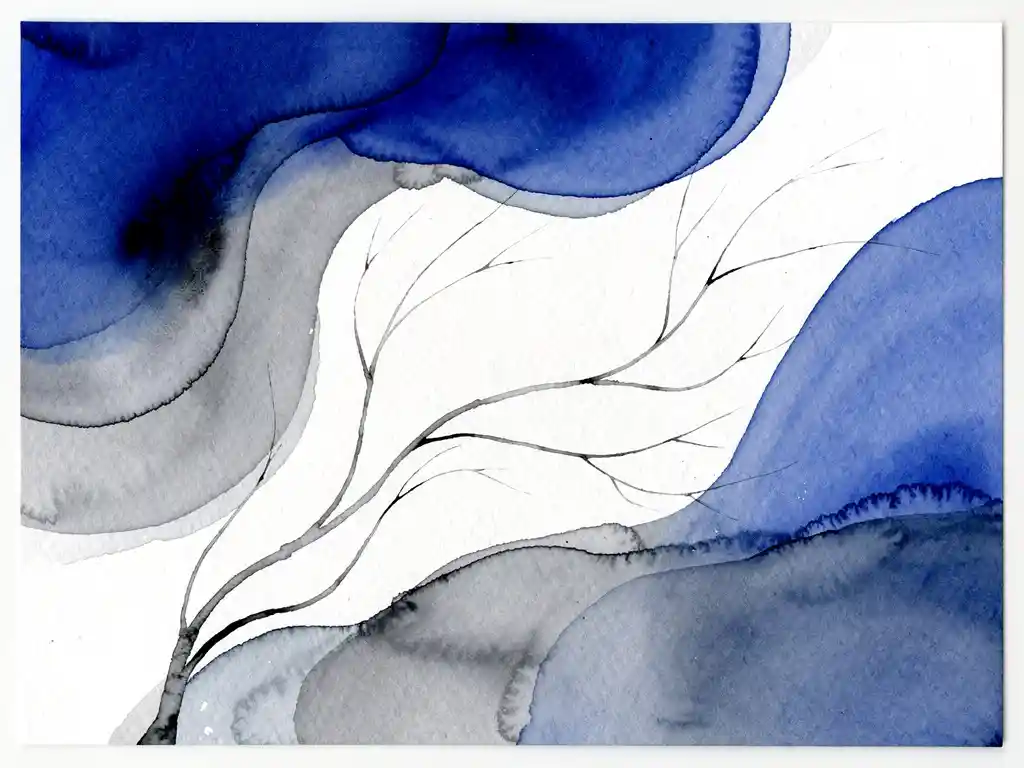 Abstracte aquarel met vloeiende elektrisch blauwe kleurovergangen naar zachte grijstinten en witte ruimtes