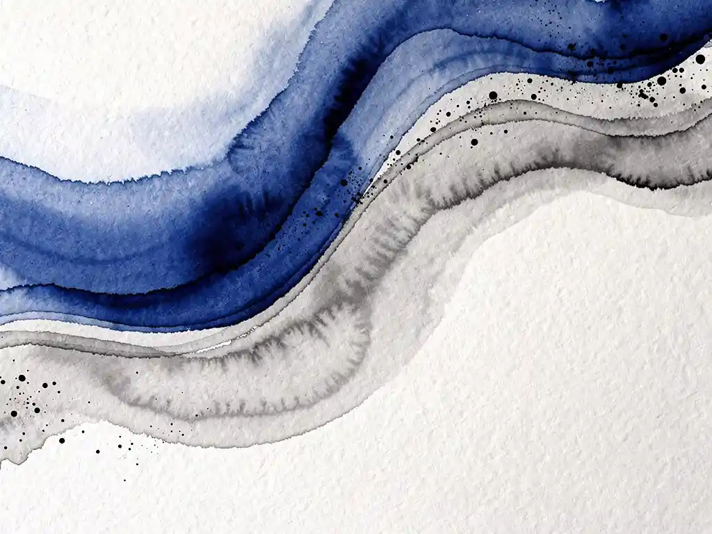 Abstracte aquarel met diep kobaltblauwe verfstromen die overgaan in zachte grijstinten op wit papier