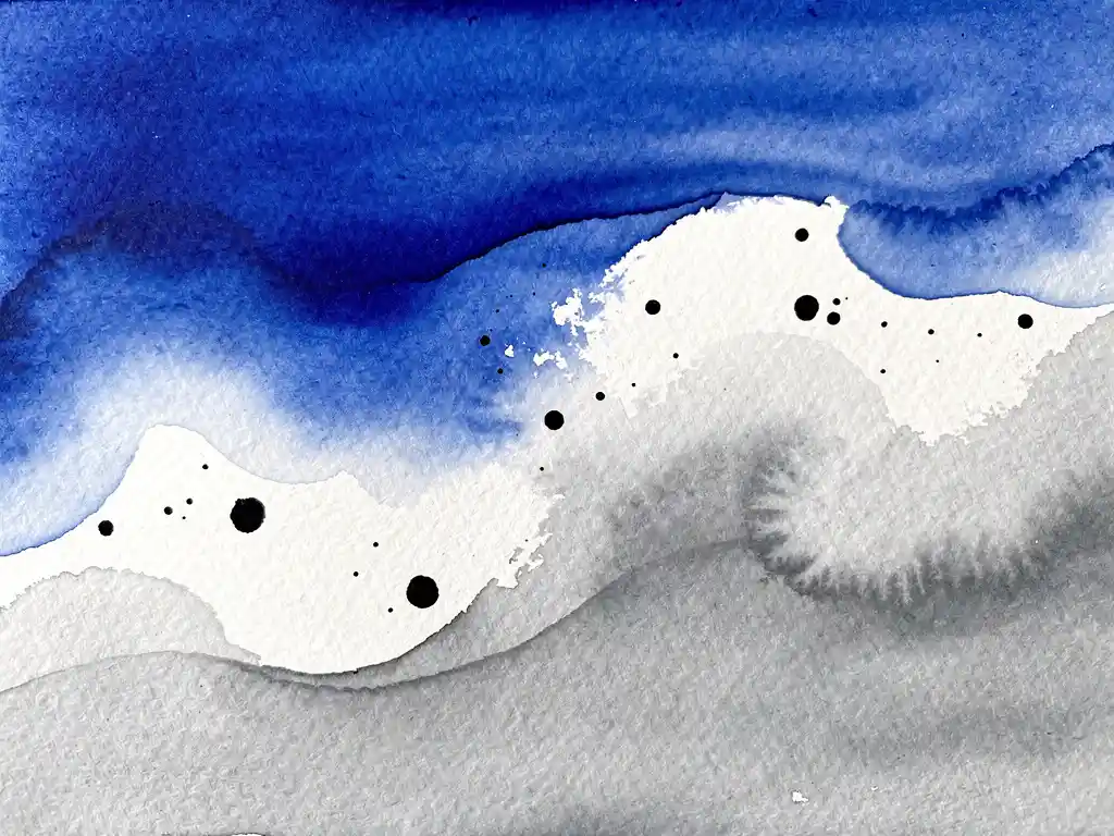 Abstracte aquarel met kobaltblauwe verfstromen die overgaan in grijze tinten op gestructureerd papier