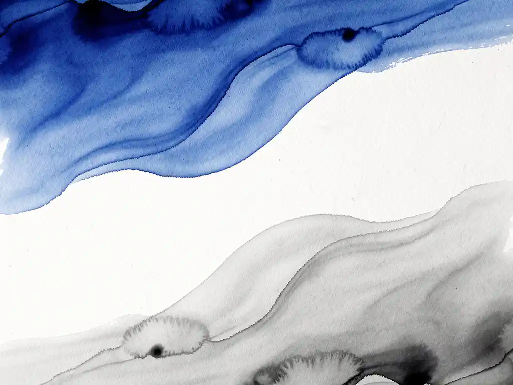 Abstracte aquarel met diepblauwe verfstromen die overgaan in grijze tinten op wit papier met natuurlijke textuur