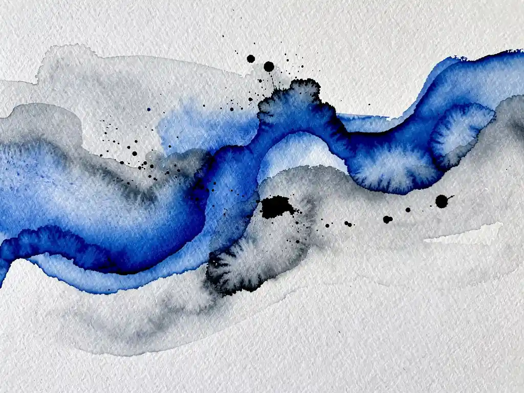 Abstracte aquarel van elektrisch blauwe verfstromen die overvloeien in zachte grijstinten op wit papier