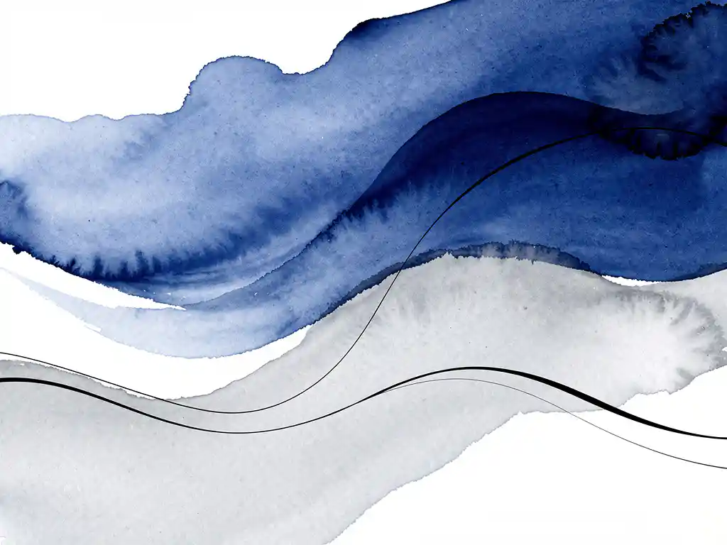 Abstracte aquarel met diepblauwe vloeistoffen die overgaan in zachte grijstinten en witte ruimtes