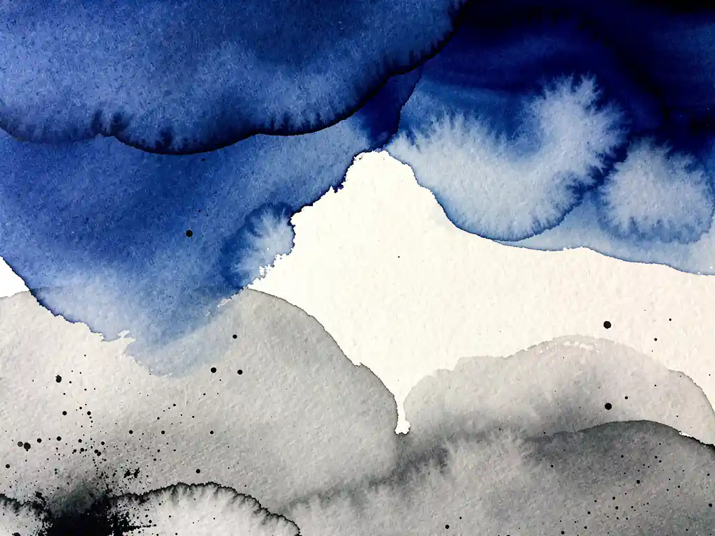 Abstracte aquarel met diepblauwe en grijze tinten die vloeiend overvloeien op wit papier met zwarte accenten