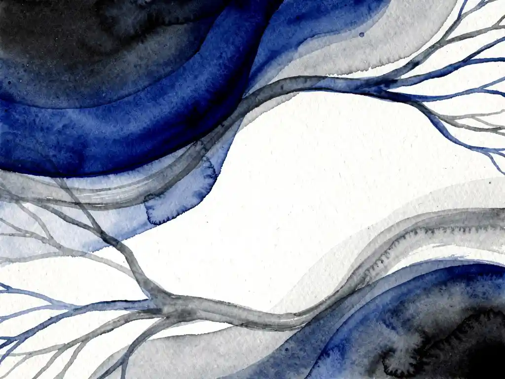 Abstracte aquarel met elektrisch blauwe verfstromen die overgaan in grijze wassen, witte ruimtes en zwarte accenten