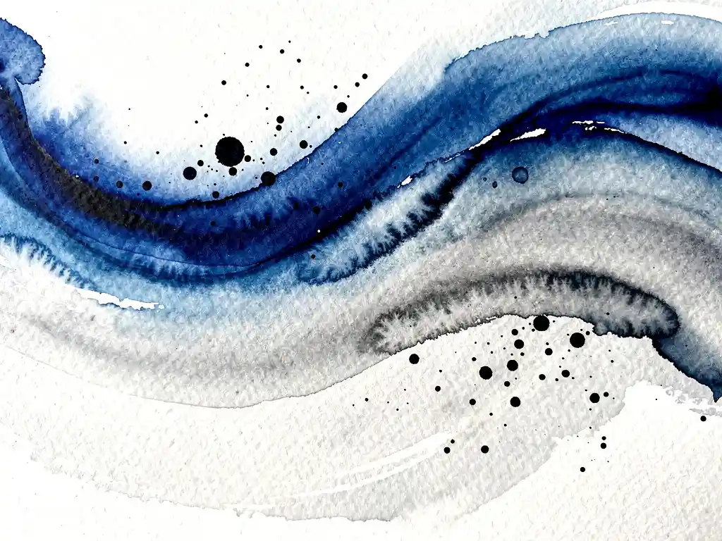 Abstracte aquarel met diepblauwe en grijze tinten die vloeiend overgaan op wit papier met zwarte inktdruppels