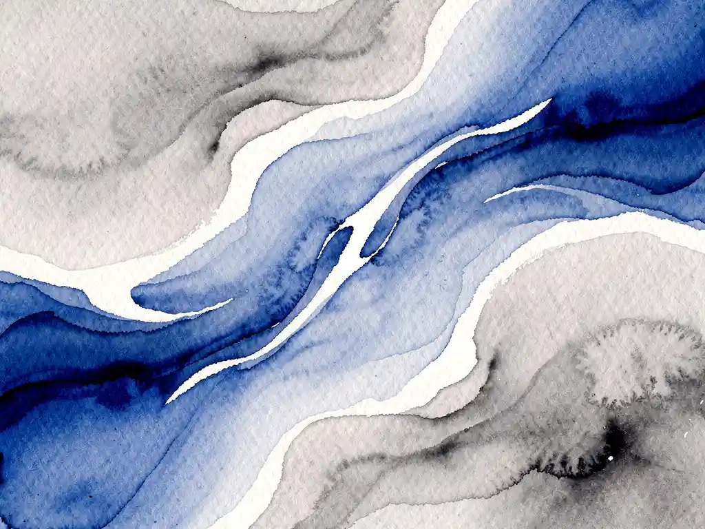 Abstracte aquarel met elektrisch blauwe verfstromen die overgaan in zachte grijstinten en witte negatieve ruimtes