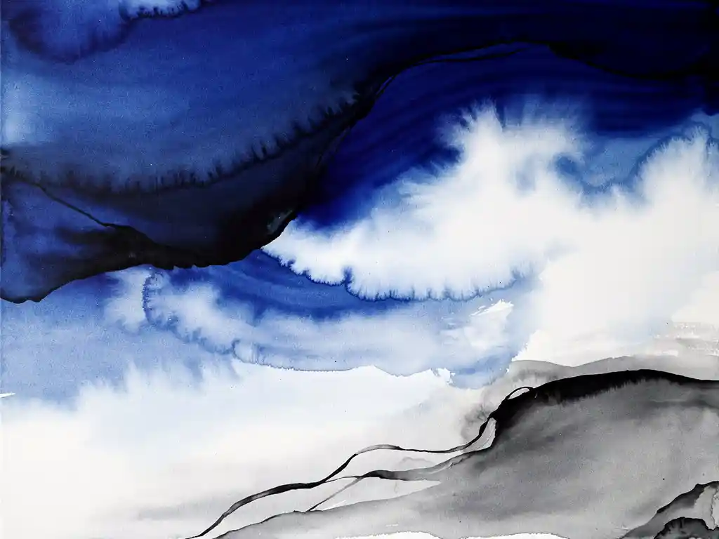 Abstracte aquarel met vloeiende overgangen van koningsblauw naar wit met grijze wassen en zwarte accenten