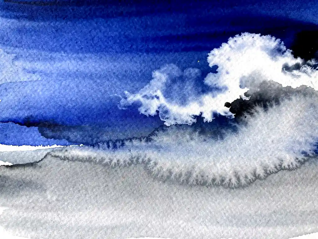 Abstracte aquarel in diepblauw en grijs met vloeiende kleurovergangen op getextureerd waterverfpapier