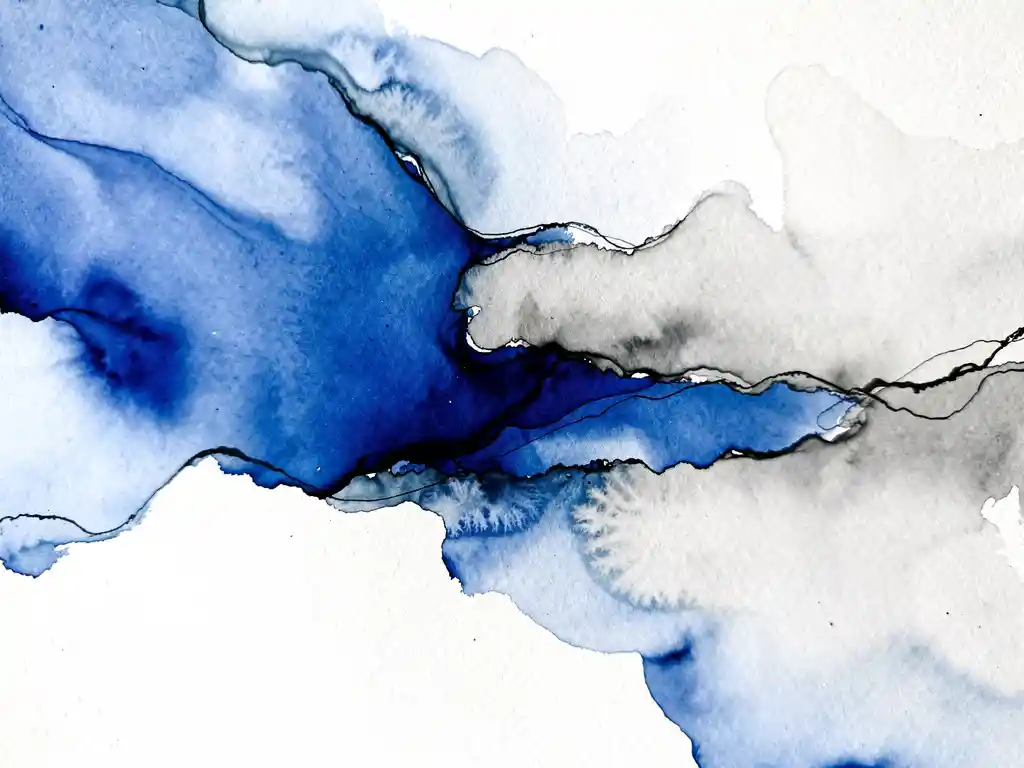 Abstracte aquarel met diepblauwe en grijze kleurovergangen op wit papier, organische vormen suggereren samenwerking