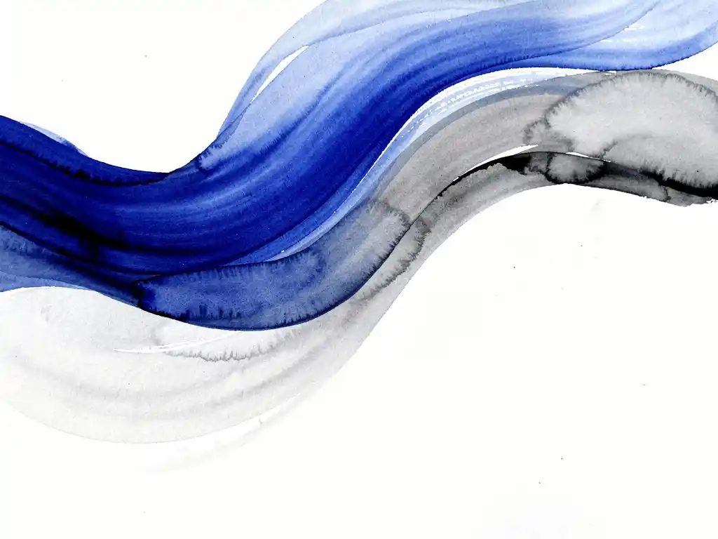 Abstracte aquarel met vloeiende overgangen van diep koningsblauw naar zachte grijstinten en witte ruimtes