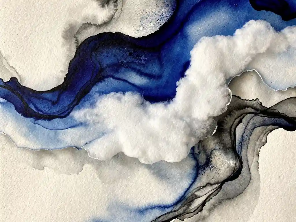 Abstracte aquarel compositie met diepblauwe en witte wolken, grijze ondertonen en zachte kleurovergangen