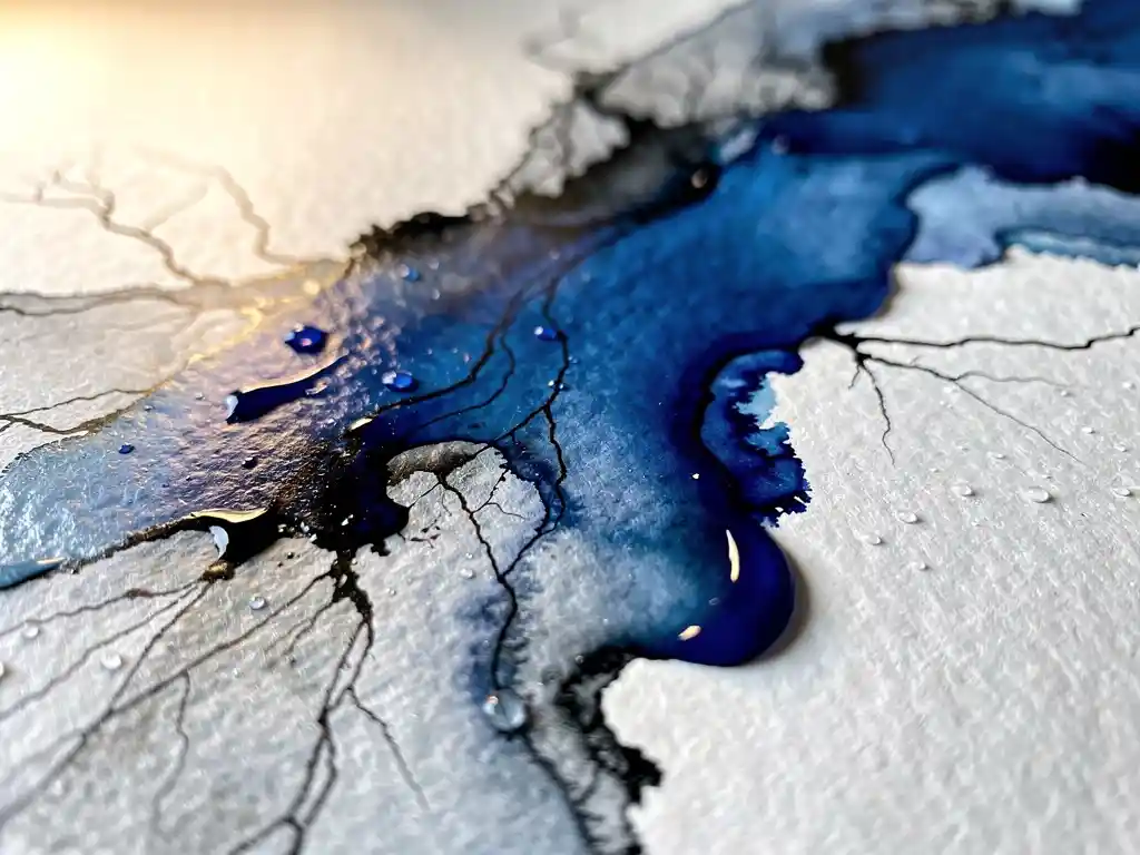 Vloeiende aquarelverf in diep kobaltblauw met zwarte inktaders die organische patronen vormt op wit papier