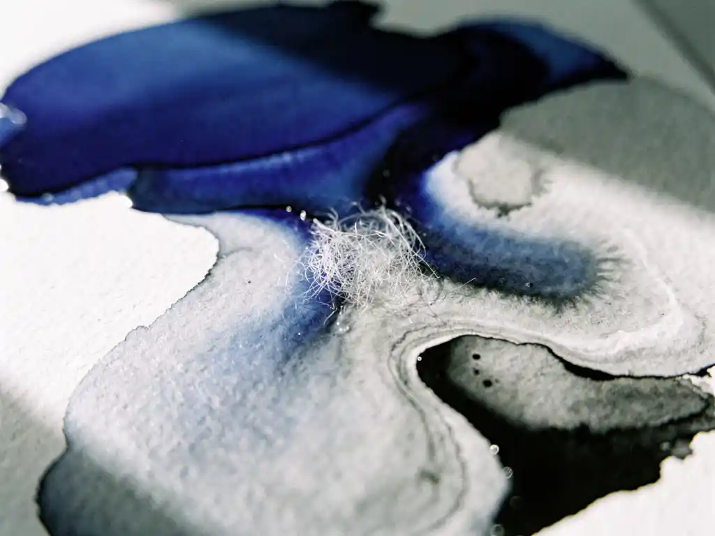 Kobaltblauwe aquarelverf vloeit over gestructureerd wit papier met grijze wassen en zwarte accenten