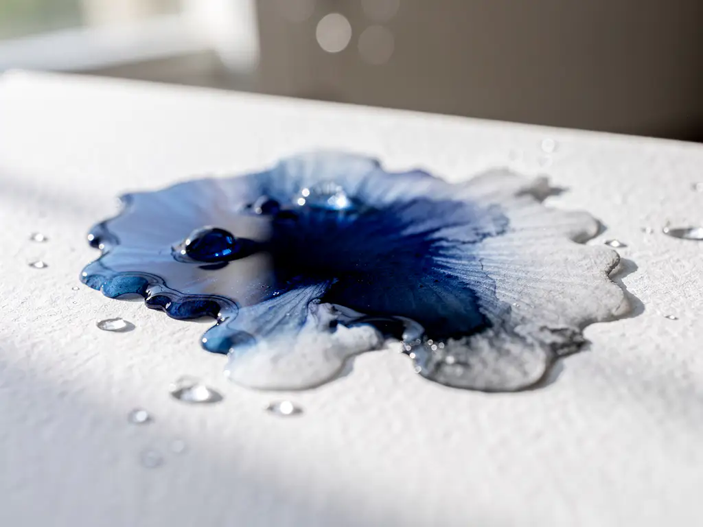 Diepe blauwe aquarelverf lost op in helder water met organische vloeipatronen en zachte grijze overgangen op wit papier