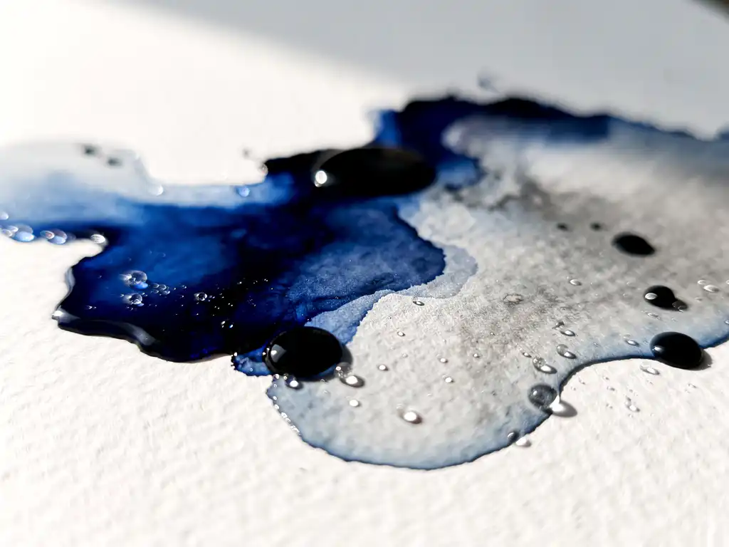 Kobaltblauwe aquarelverf lost op in wit papier met waterdruppels en organische vloeipatronen in macrofotografie