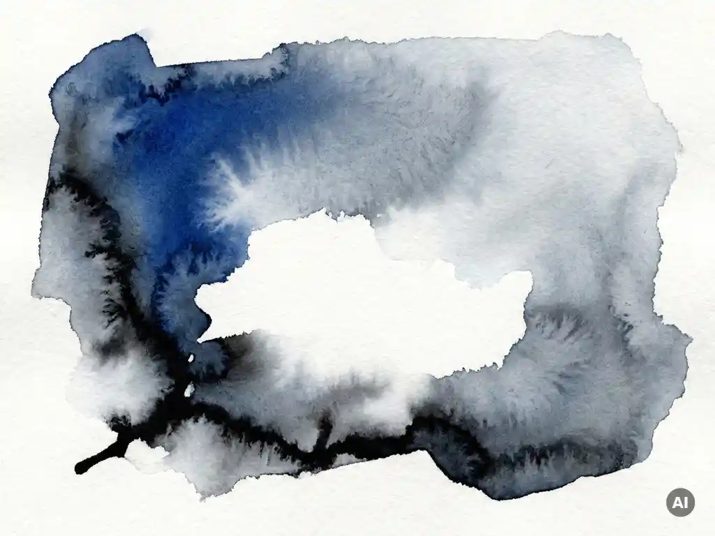 Abstracte aquarelwash in diep kobaltblauw dat uitvloeit in zachtgrijs, met zwarte inktranden en spanning in de witte negatieve ruimte.