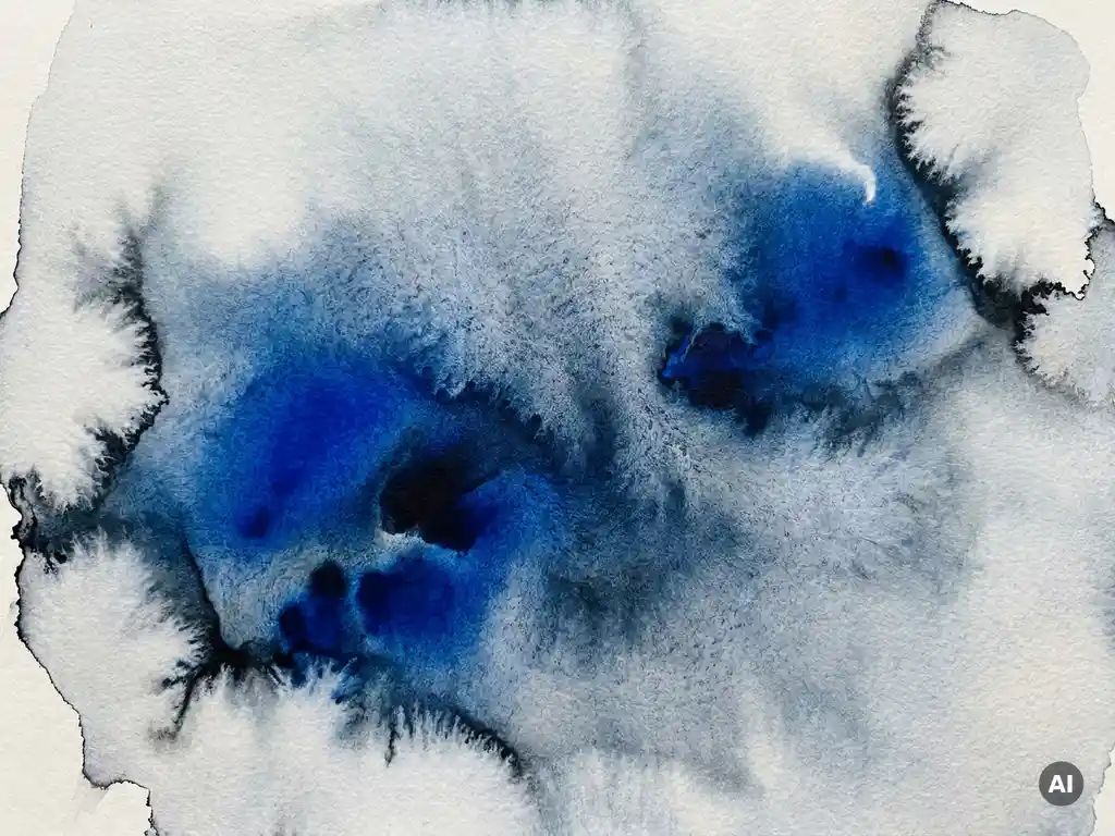 Abstracte aquarelwash in diepblauw en grijs met organische pigmentbloemen en vloeiende tinten op getextureerd papier.