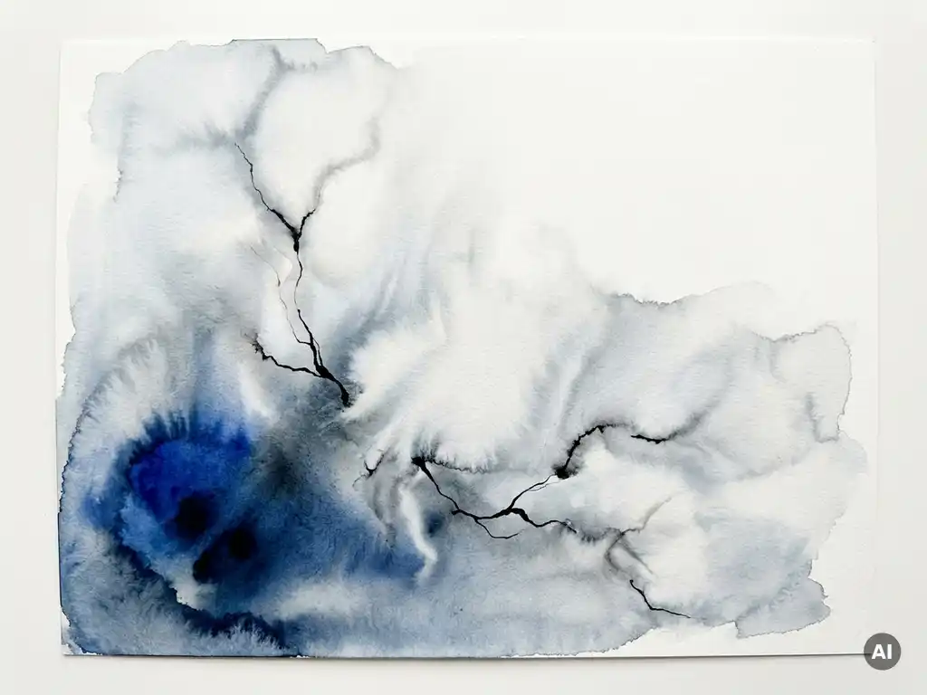 Abstracte aquarelwash in kobaltblauw en zacht grijs met organische inkttendrielen op nat papier, serene en minimalistische compositie.
