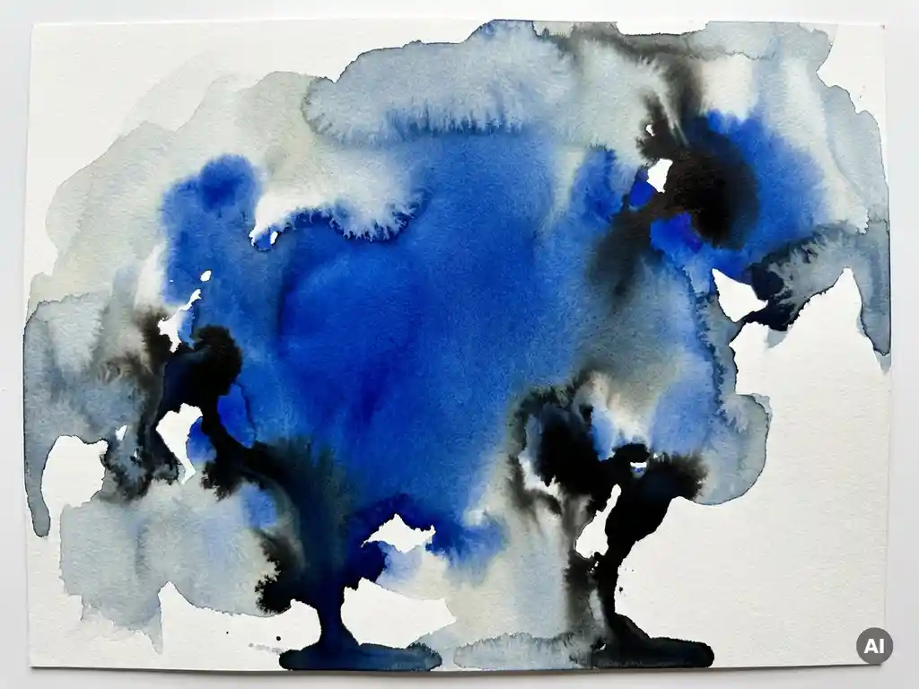 Abstracte aquarelwash in kobaltblauw die vervaagt in wit en grijs, met donker gepoolde randen en vloeiende pigmentdiffusie.