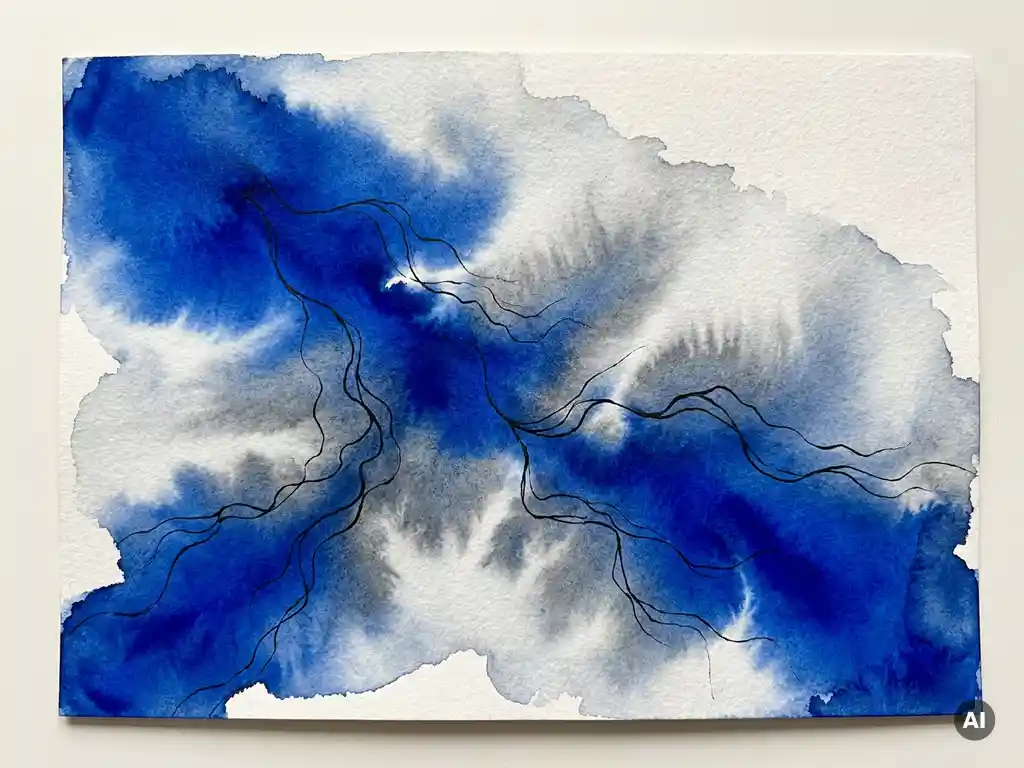 Abstracte aquarel in diep kobaltblauw met vloeiende pigmentbloemen, inkttendrils en organische natte diffusie op getextureerd papier.